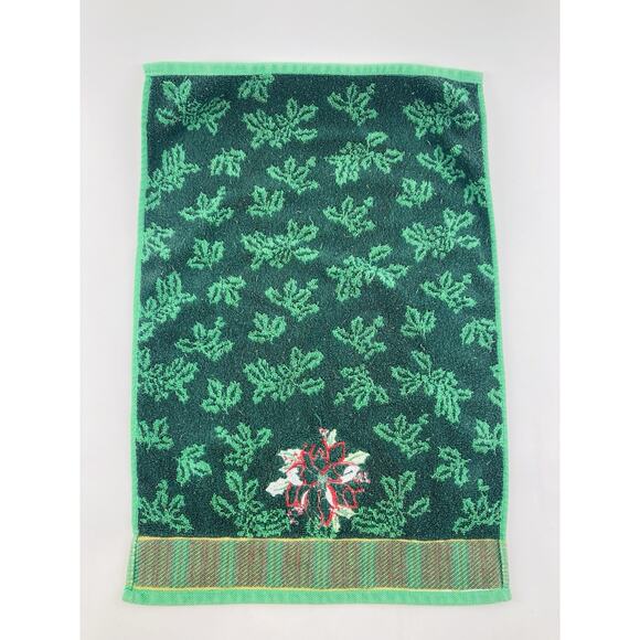 Christmas Towel Set Poinsettia Holly Embroidered Green Bath Body Hand Washcloth - Picture 6 of 13